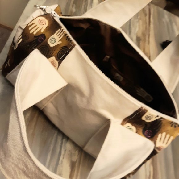 Hamsa Hands Boho vibe Purse Double handle Brown Pink print Ivory denim 12x8x5" - Picture 5 of 8